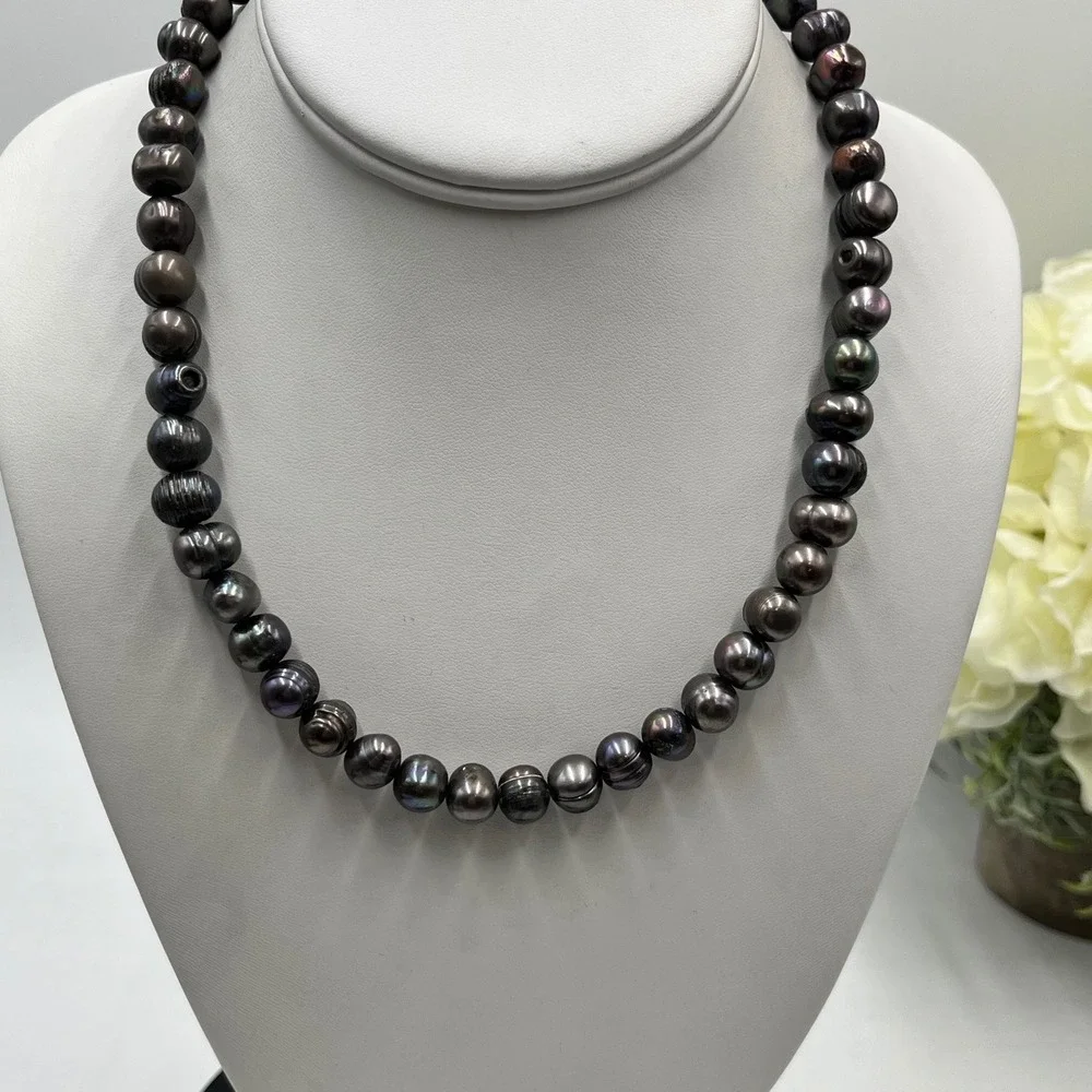 Gray‎ Oil Slick 10mm Tahitian Baroque Pearl Single Strand Classic Necklace